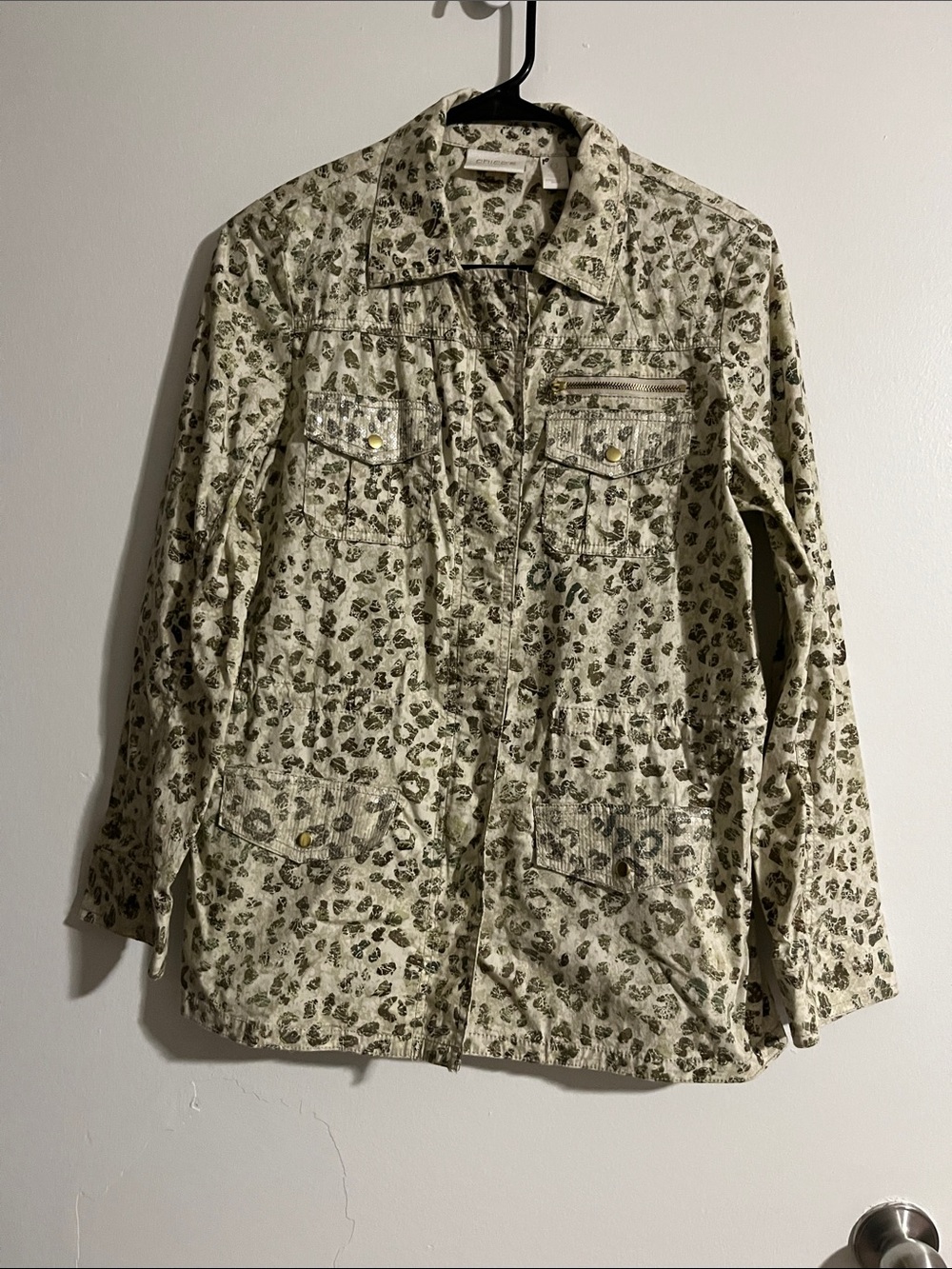 Chico's Olive Green Leopard-Print Utility Jacket